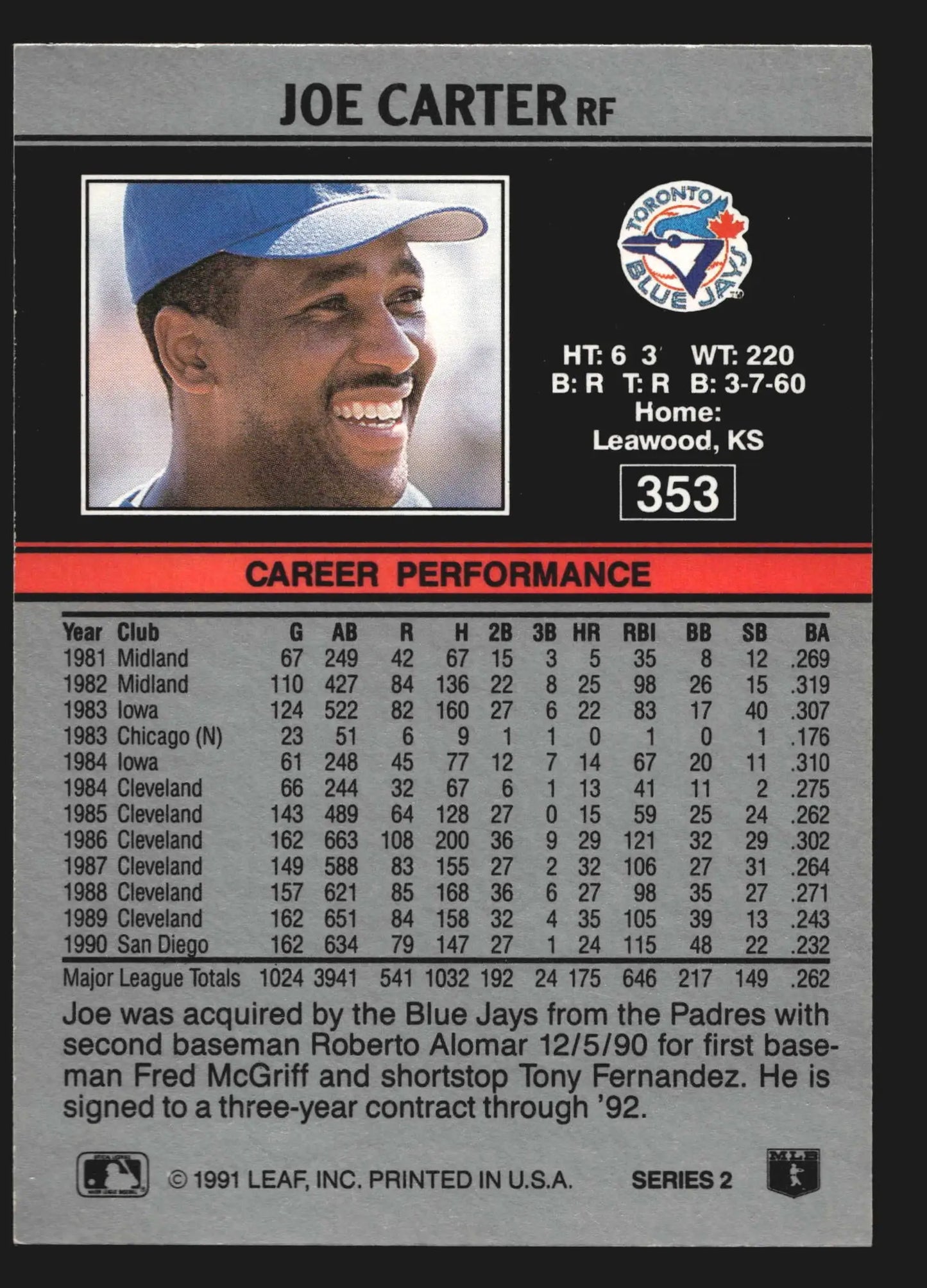 1991 Leaf #353 Joe Carter Toronto Blue Jays