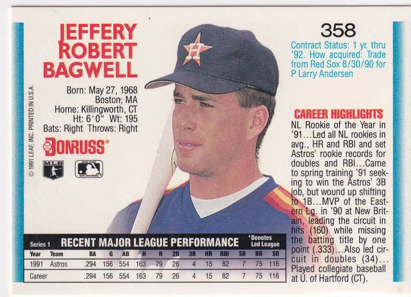 1991 LEAF #358 JEFF BAGWELL- HOUSTON ASTROS - Baseball Card Single