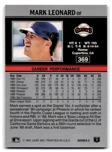 Original gloss Mark Leonard rookie Giants baseball card from 1991 Leaf #369
