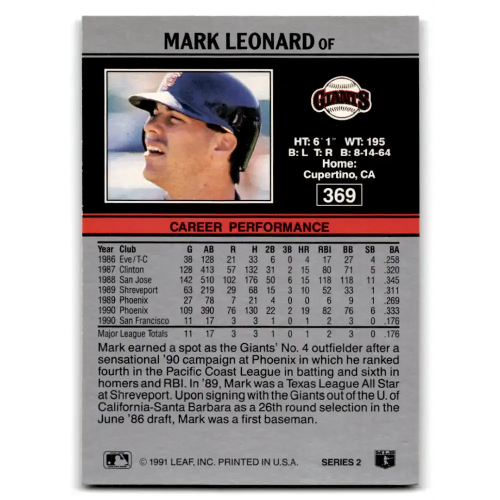1991 Leaf #369 Mark Leonard NM-MT RC Rookie San Francisco Giants Baseball Card - Baseball Card Single