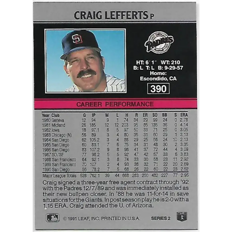 1991 Leaf #390 Craig Lefferts NM-MT San Diego Padres Baseball Card - Baseball Card Single