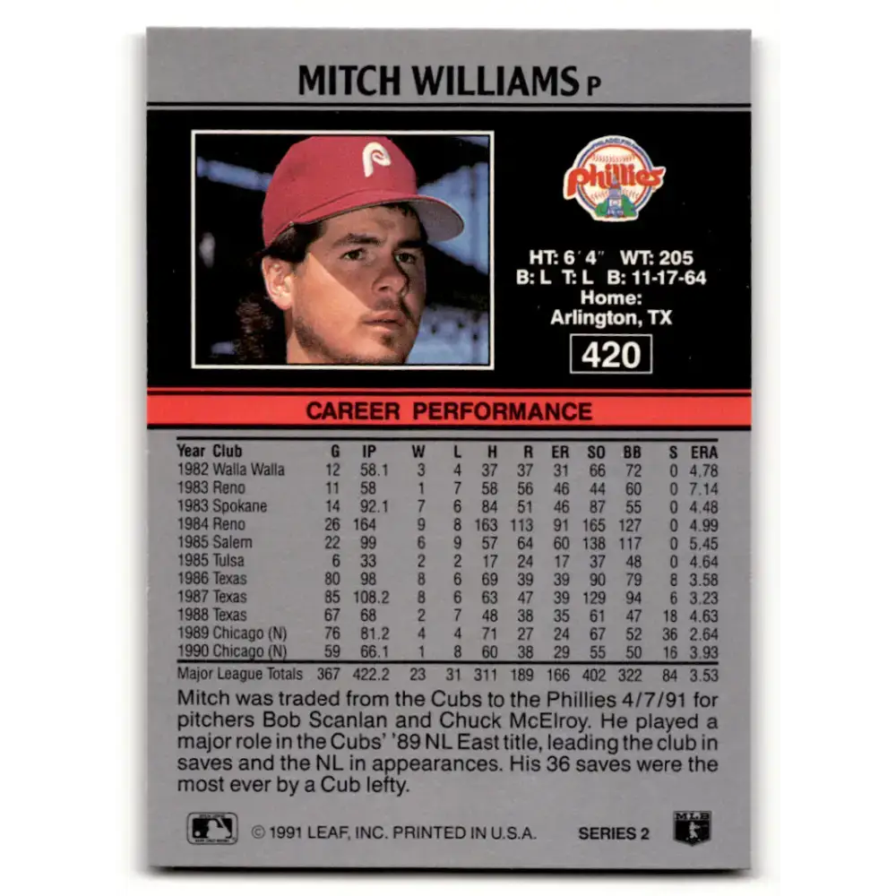 1991 Leaf #420 Mitch Williams NM-MT Philadelphia Phillies Baseball Card - Baseball Card Single