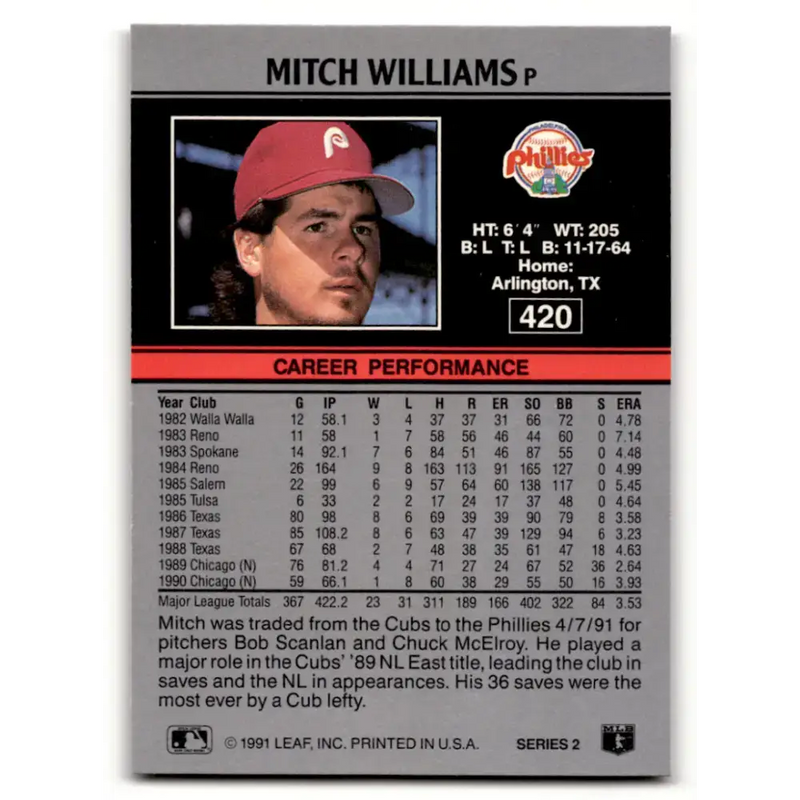 1991 Leaf #420 Mitch Williams NM-MT Philadelphia Phillies Baseball Card - Baseball Card Single