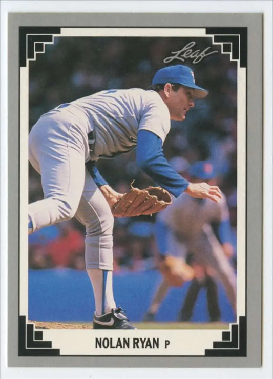 Baseball card of Nolan Ryan pitching for Texas Rangers in white uniform and blue cap