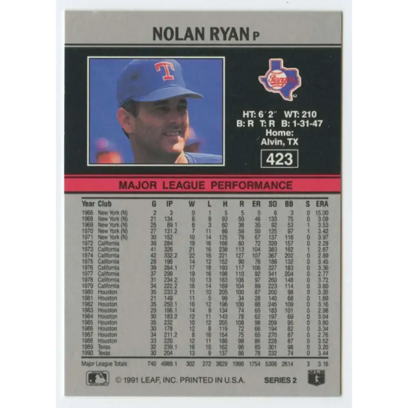1991 Leaf #423 Nolan Ryan NM-MT Texas Rangers Baseball Card - Baseball Card Single