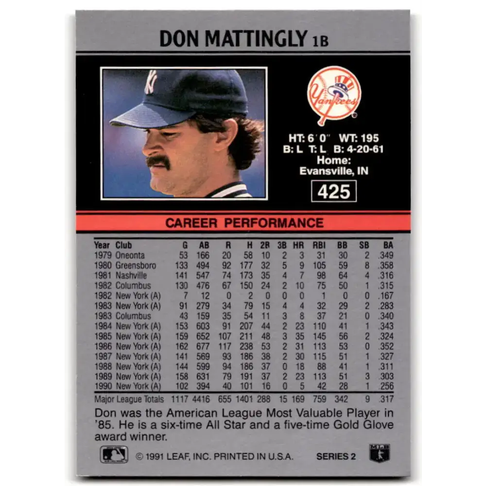 1991 Leaf #425 Don Mattingly NM-MT New York Yankees Baseball Card - Baseball Card Single