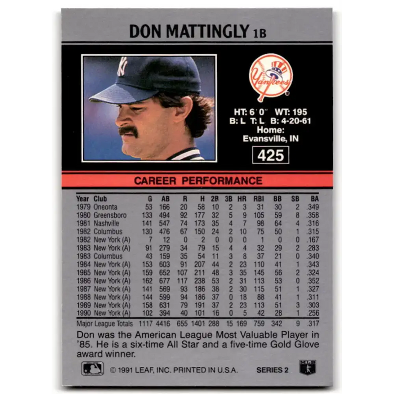 1991 Leaf #425 Don Mattingly NM-MT New York Yankees Baseball Card - Baseball Card Single