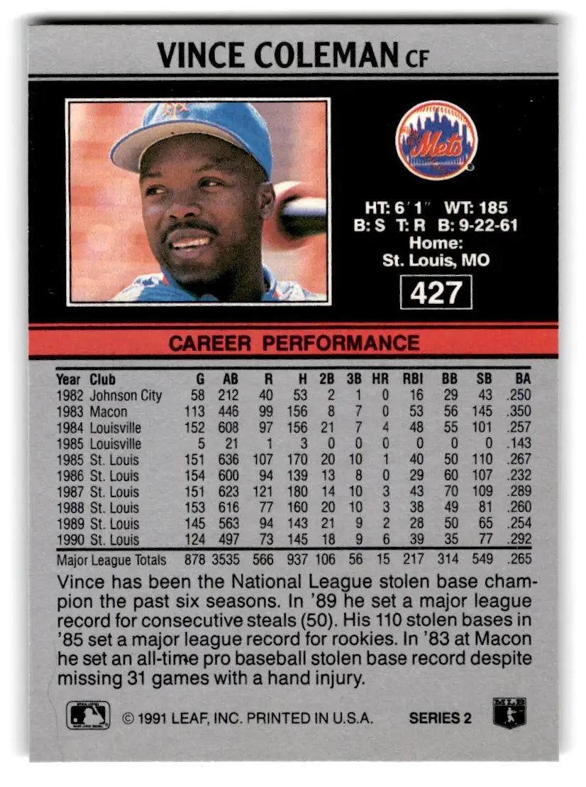1991 Leaf #427 Vince Coleman - Baseball Card Single