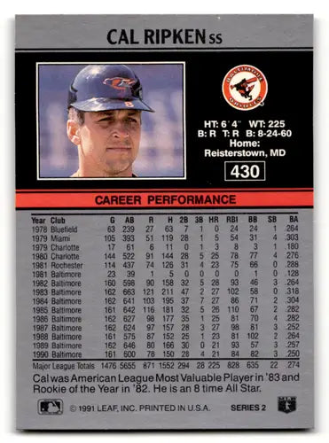 1991 Leaf #430 Cal Ripken Jr. EX/NM Orioles ID:64103 - Baseball Card Single
