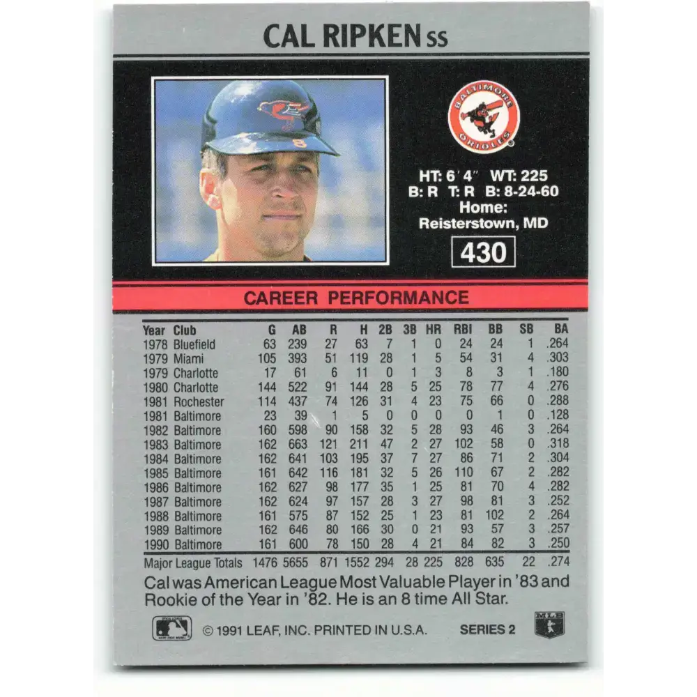 1991 Leaf #430 Cal Ripken Jr. NM-MT Baltimore Orioles Baseball Card - Baseball Card Single