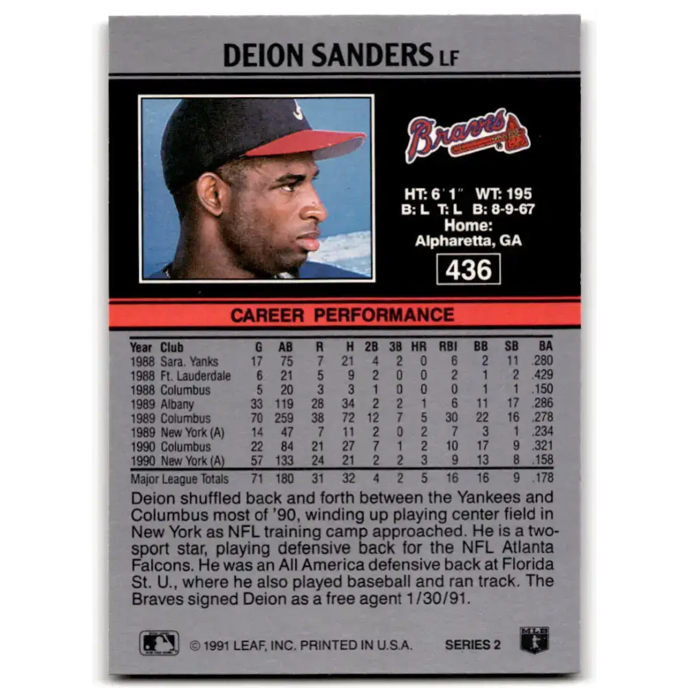 1991 Leaf #436 Deion Sanders NM-MT Atlanta Braves Baseball Card - Baseball Card Single