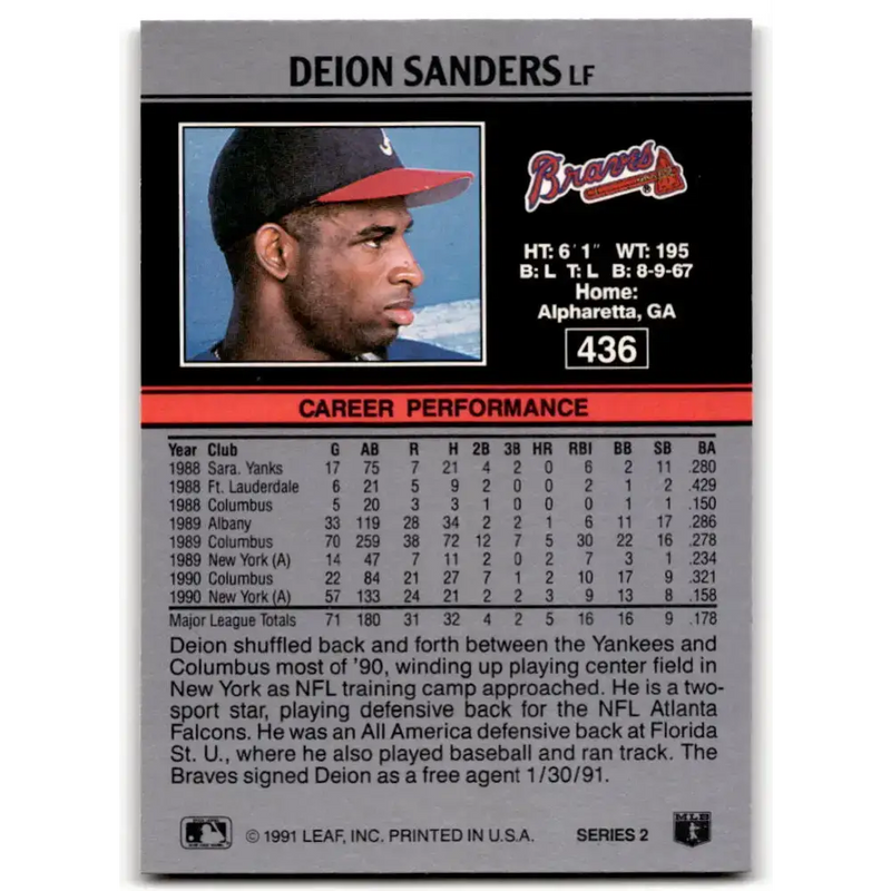 1991 Leaf #436 Deion Sanders NM-MT Atlanta Braves Baseball Card - Baseball Card Single