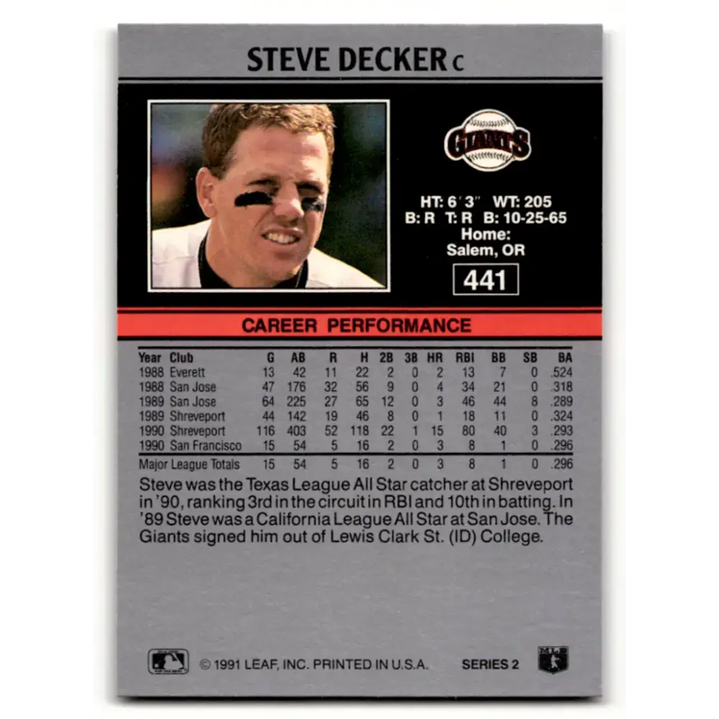 1991 Leaf #441 Steve Decker NM-MT RC Rookie San Francisco Giants Baseball Card - Baseball Card Single