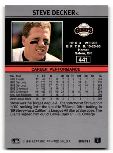 1991 Leaf #441 Steve Decker NM Near Mint RC Rookie Giants ID:55931 - Baseball Card Single