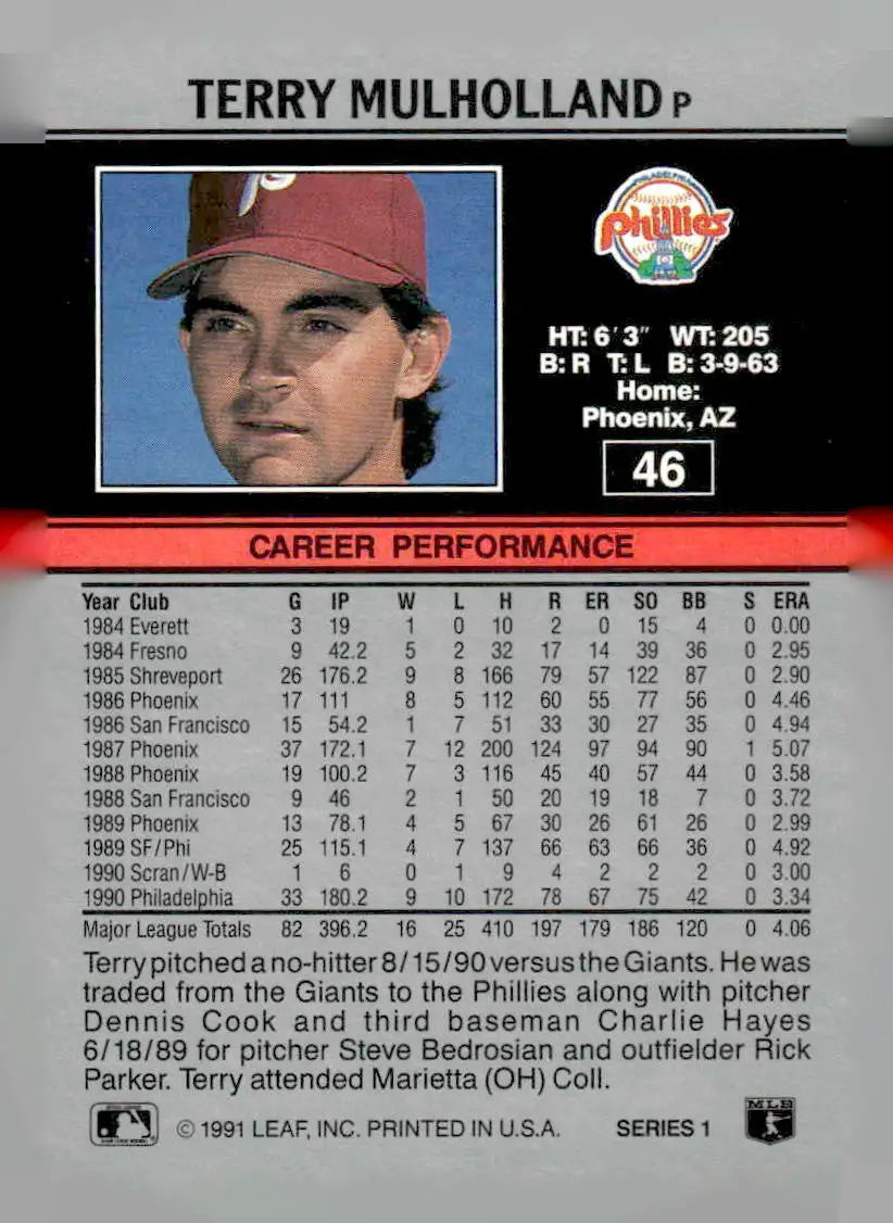 1991 Leaf #46 Terry Mulholland - Baseball Card Single