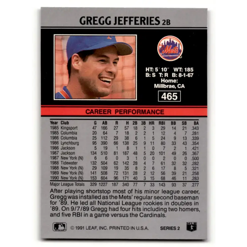 1991 Leaf #465 Gregg Jefferies NM-MT New York Mets Baseball Card - Baseball Card Single