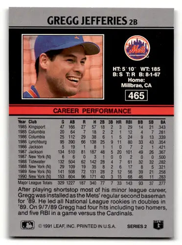 1991 Leaf #465 Gregg Jefferies NM Near Mint Mets ID:55935 - Baseball Card Single
