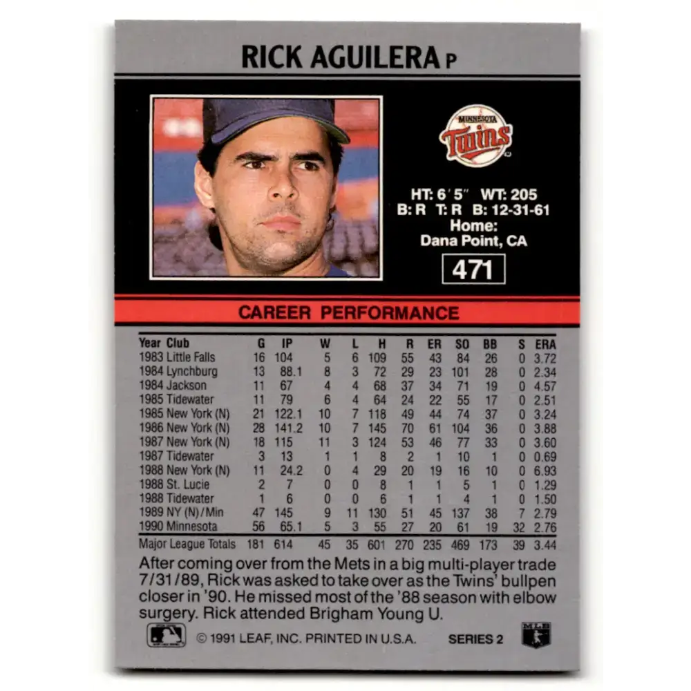 1991 Leaf #471 Rick Aguilera NM-MT Minnesota Twins Baseball Card - Baseball Card Single