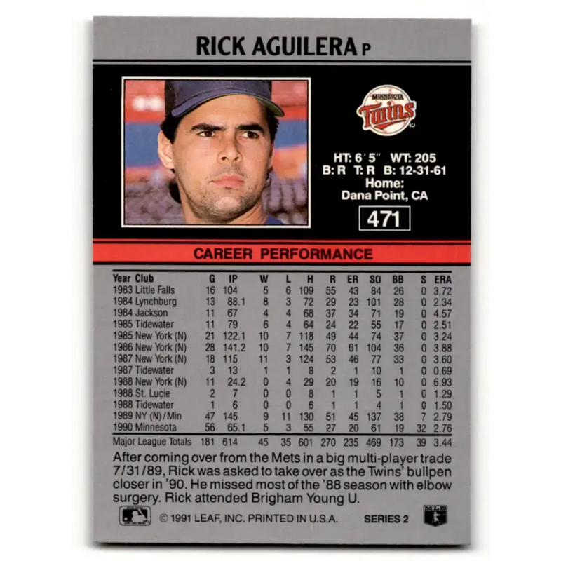 1991 Leaf #471 Rick Aguilera NM-MT Minnesota Twins Baseball Card - Baseball Card Single