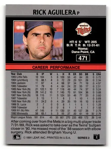 1991 Leaf #471 Rick Aguilera NM Near Mint Twins ID:55927 - Baseball Card Single