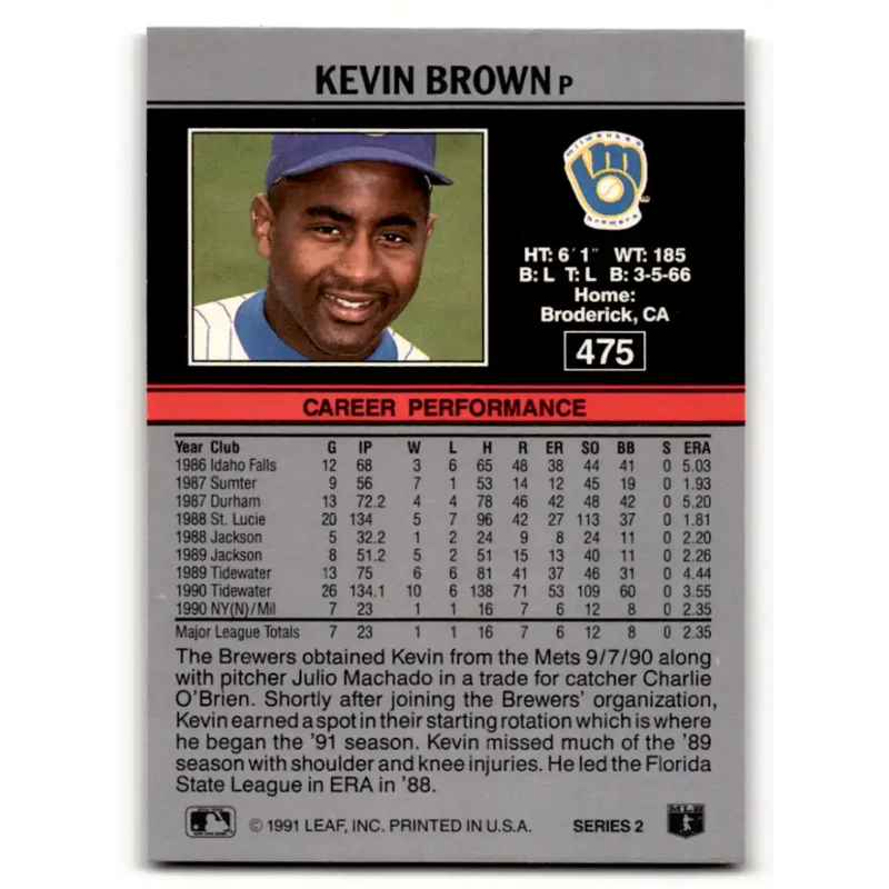 1991 Leaf #475 Kevin Brown NM-MT Milwaukee Brewers Baseball Card - Baseball Card Single