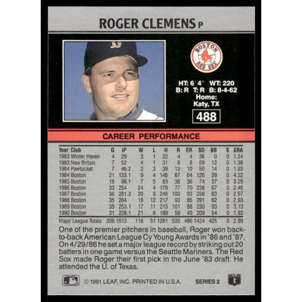 1991 Leaf #488 Roger Clemens EX/NM Boston Red Sox Baseball Card - Baseball Card Single