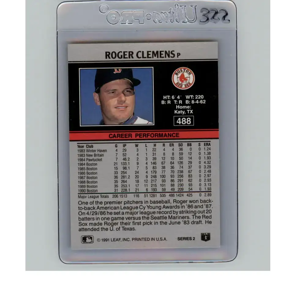 1991 Leaf #488 Roger Clemens NM-MT Boston Red Sox Baseball Card - Baseball Card Single