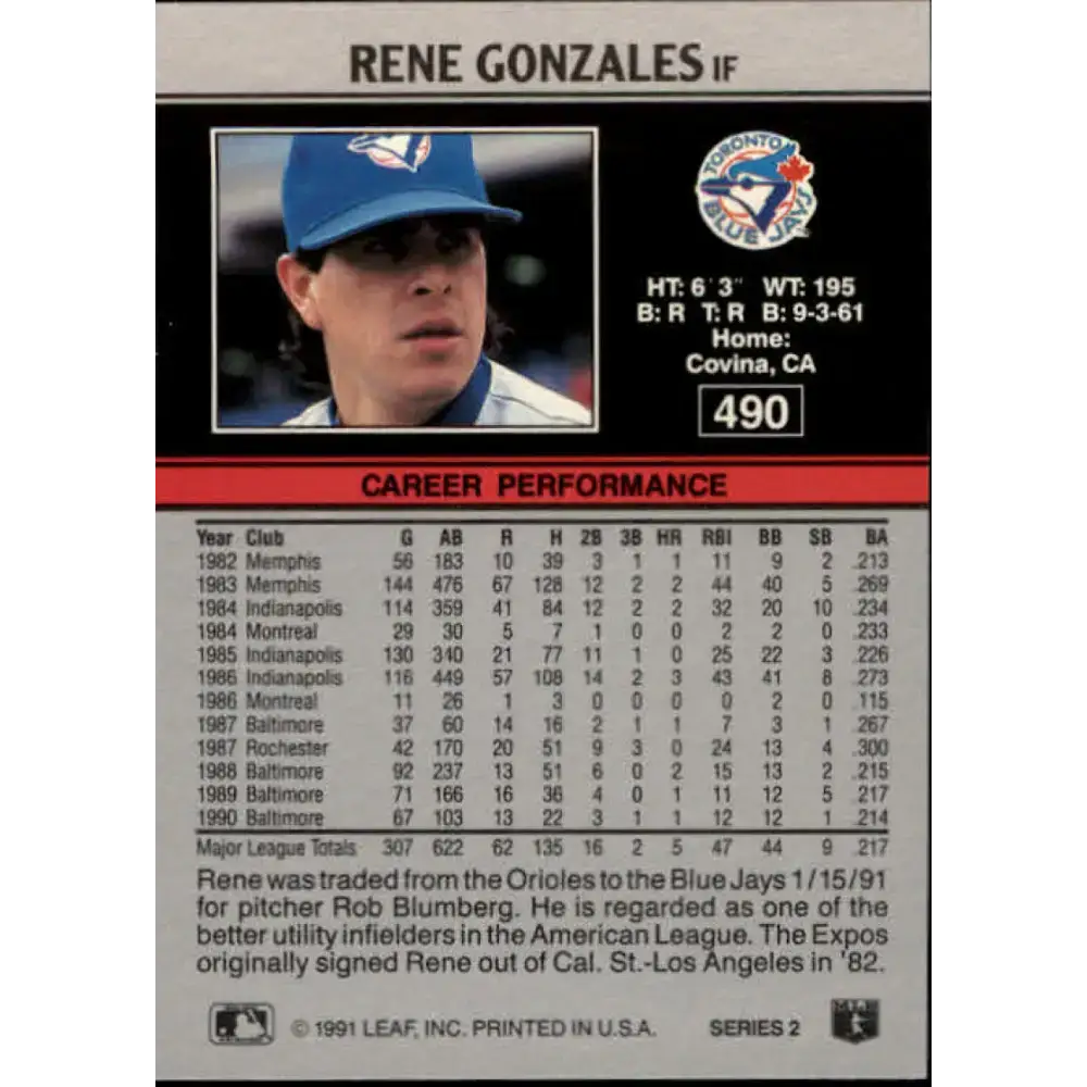 1991 Leaf #490 Rene Gonzales NM-MT Toronto Blue Jays Baseball Card - Baseball Card Single