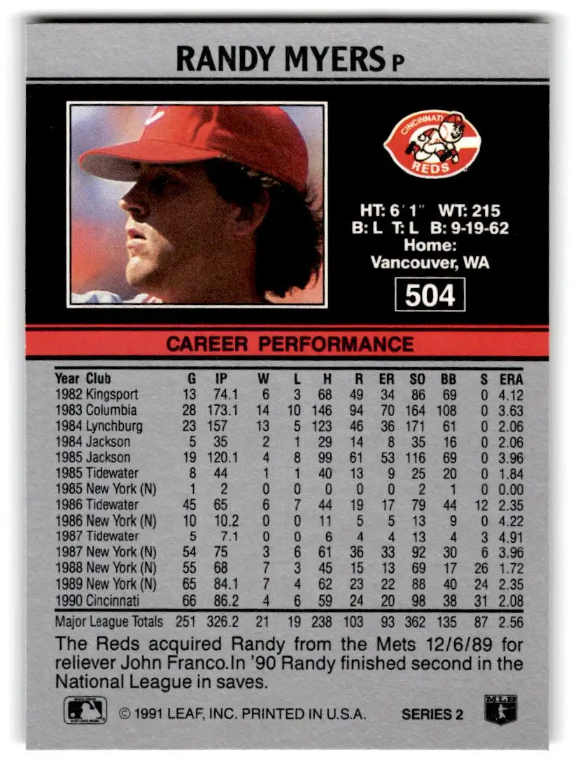 1991 Leaf #504 Randy Myers - Baseball Card Single
