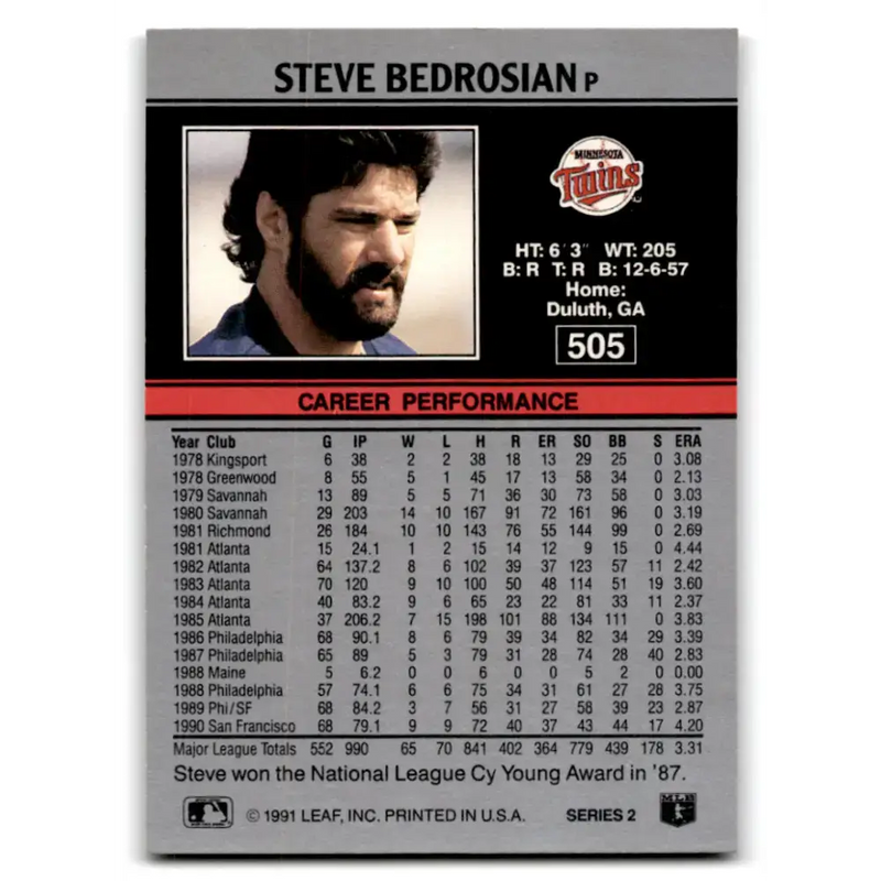 1991 Leaf #505 Steve Bedrosian NM-MT Minnesota Twins Baseball Card - Baseball Card Single