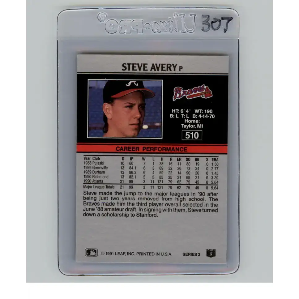 1991 Leaf #510 Steve Avery NM-MT Atlanta Braves Baseball Card - Baseball Card Single