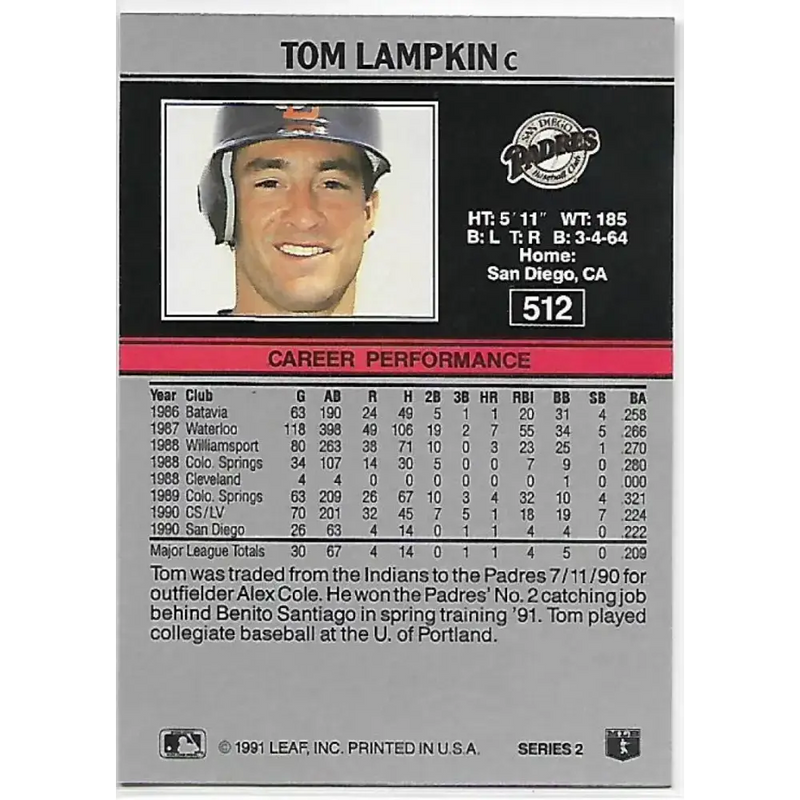 1991 Leaf #512 Tom Lampkin NM-MT San Diego Padres Baseball Card - Baseball Card Single