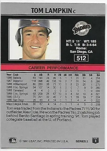 1991 Leaf #512 Tom Lampkin Padres baseball card with original gloss and Near Mint quality