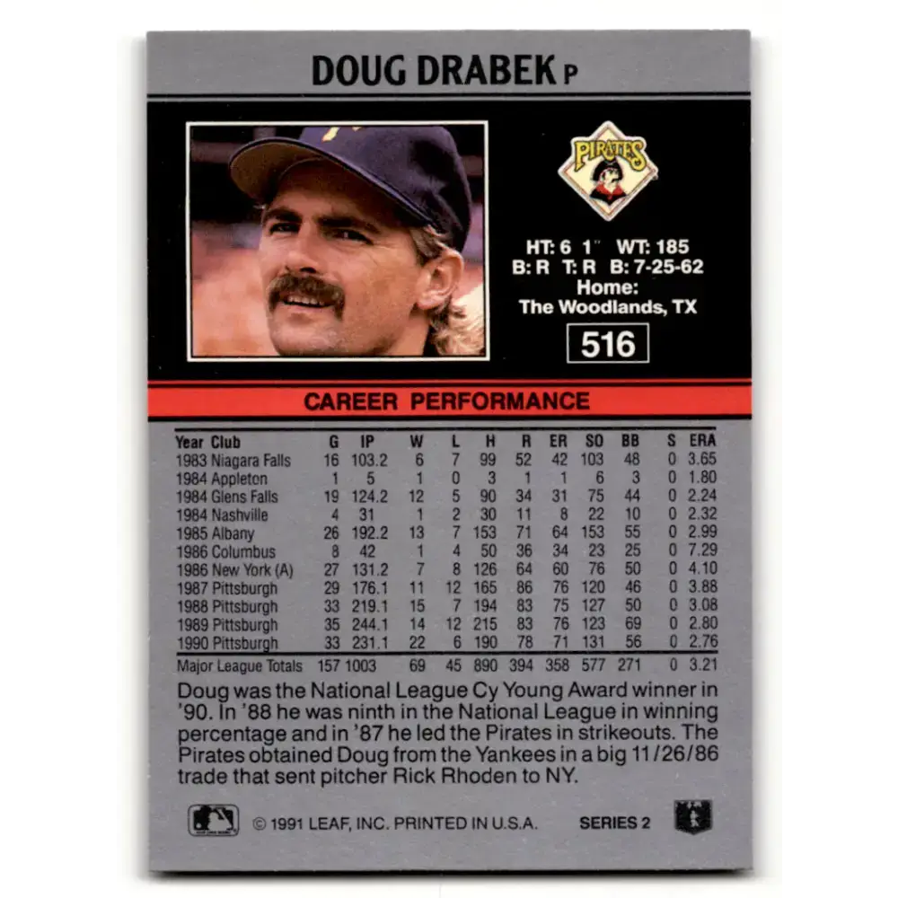 1991 Leaf #516 Doug Drabek NM-MT Pittsburgh Pirates Baseball Card - Baseball Card Single
