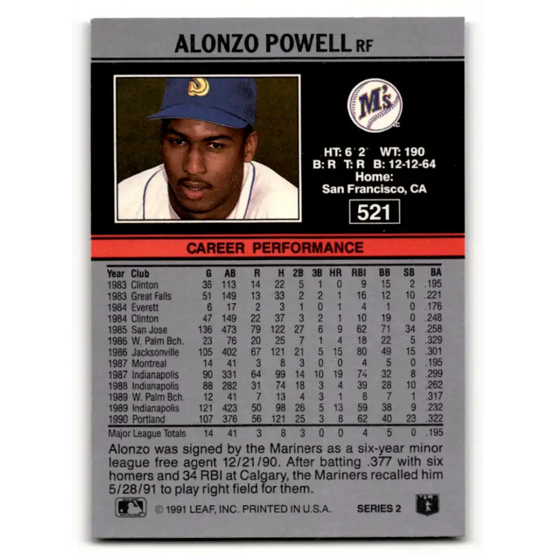 1991 Leaf #521 Alonzo Powell NM-MT RC Rookie Seattle Mariners Baseball Card - Baseball Card Single