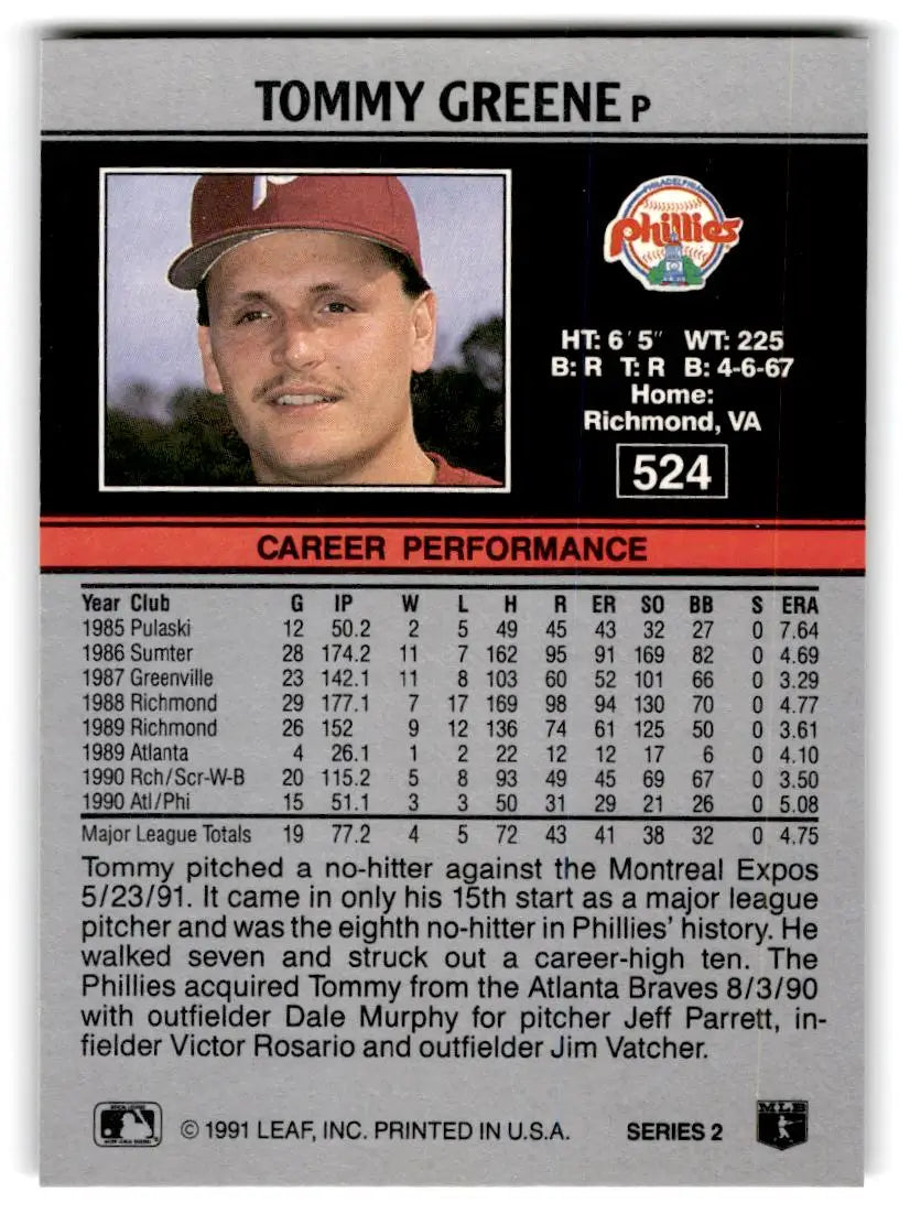 1991 Leaf #524 Tommy Greene - Baseball Card Single