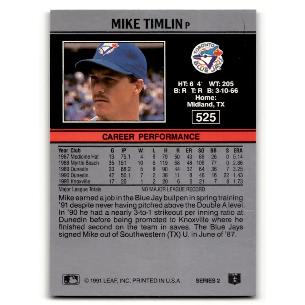 1991 Leaf #525 Mike Timlin NM-MT RC Rookie Toronto Blue Jays Baseball Card - Baseball Card Single