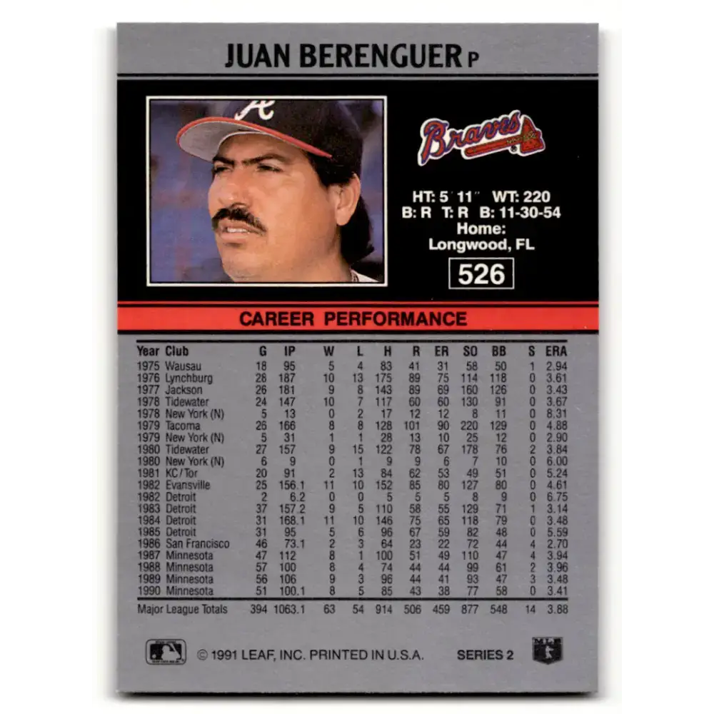 1991 Leaf #526 Juan Berenguer NM-MT Atlanta Braves Baseball Card - Baseball Card Single