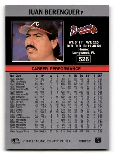 1991 Leaf #526 Juan Berenguer NM Near Mint Braves ID:55929 - Baseball Card Single