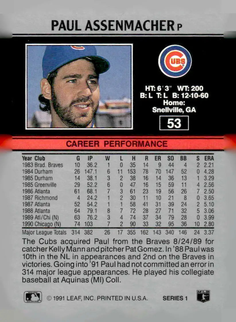1991 Leaf #53 Paul Assenmacher - Baseball Card Single