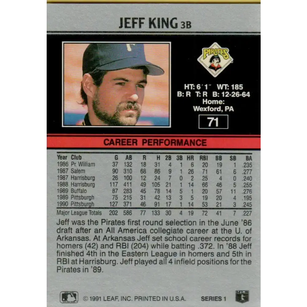1991 Leaf #71 Jeff King NM-MT Pittsburgh Pirates Baseball Card - Baseball Card Single