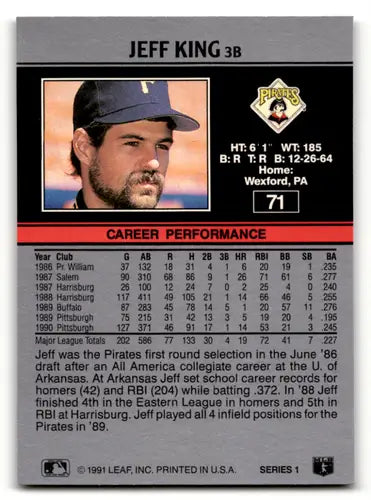 1991 Leaf #71 Jeff King NM Near Mint Pirates ID:55919 - Baseball Card Single