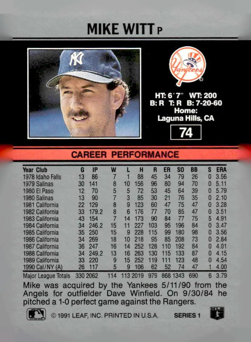 1991 Leaf #74 Mike Witt - Baseball Card Single