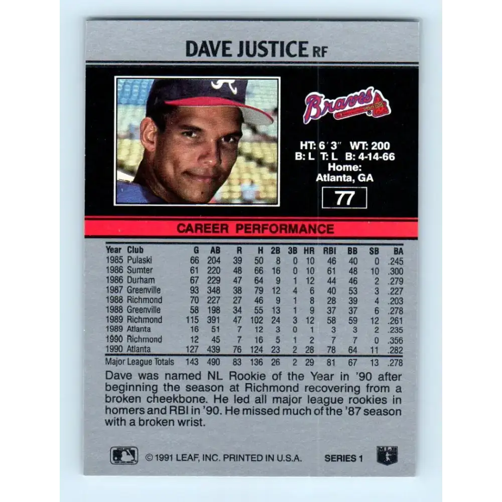 1991 Leaf #77 David Justice NM-MT Atlanta Braves Baseball Card - Baseball Card Single