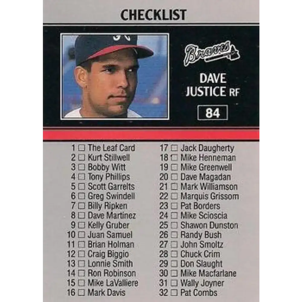 1991 Leaf #84 David Justice NM-MT Atlanta Braves Baseball Card - Baseball Card Single