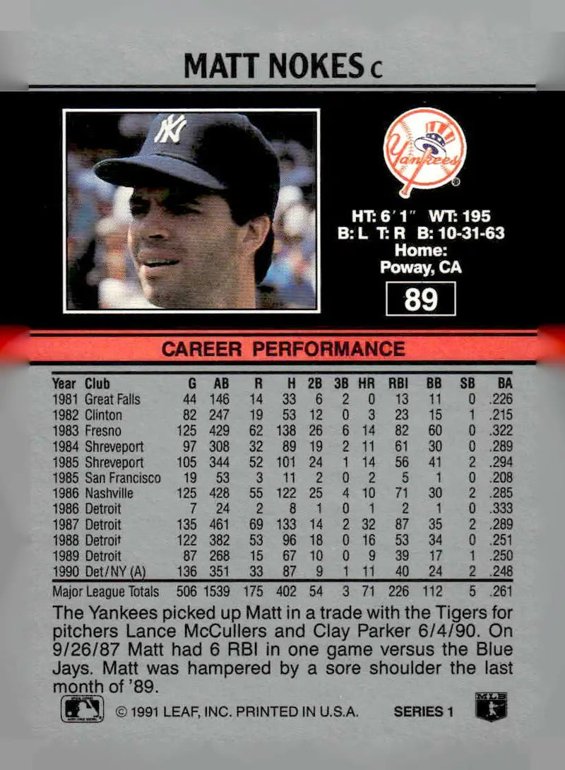 1991 Leaf #89 Matt Nokes - Baseball Card Single