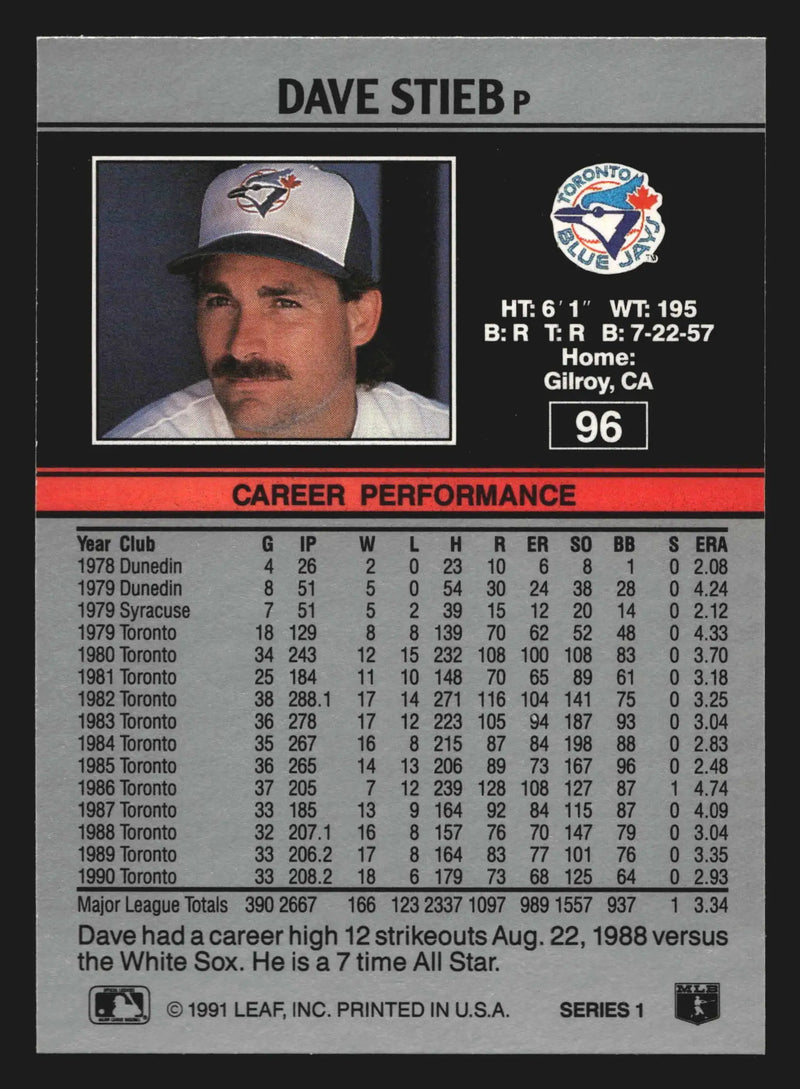 1991 Leaf #96 Dave Stieb Toronto Blue Jays