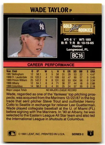 Original gloss 1991 Leaf Gold BC16 Wade Taylor Yankees baseball card display