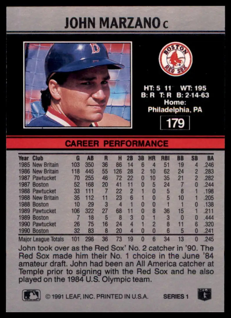 1991 Leaf John Marzano 179 Boston Red Sox NM - Baseball Card Single