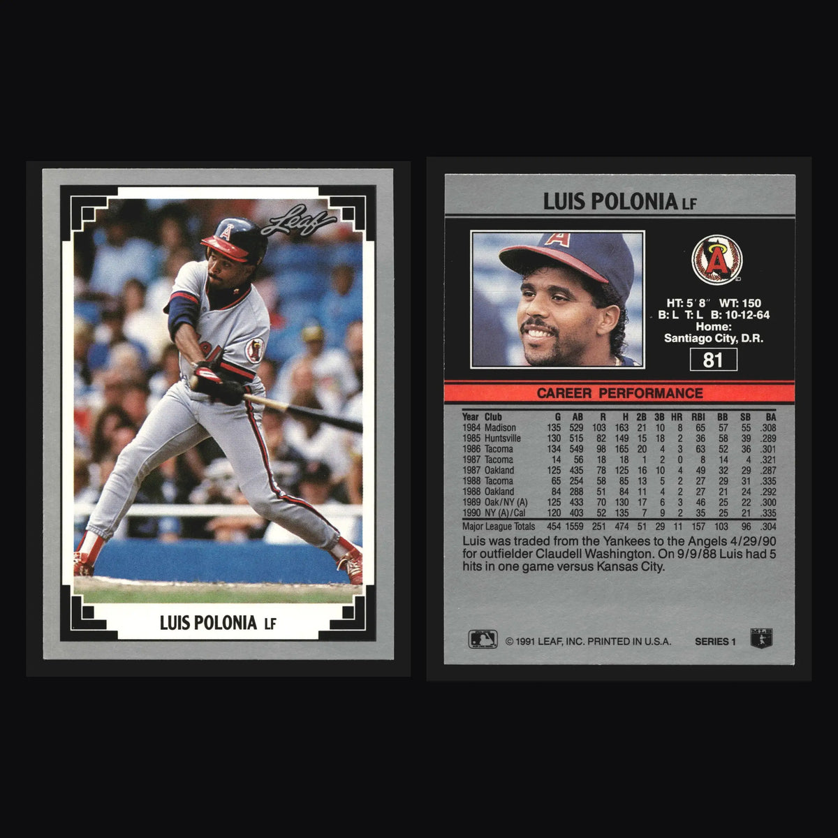 1991 Leaf Luis Polonia #81 California Angels - Baseball Card Single